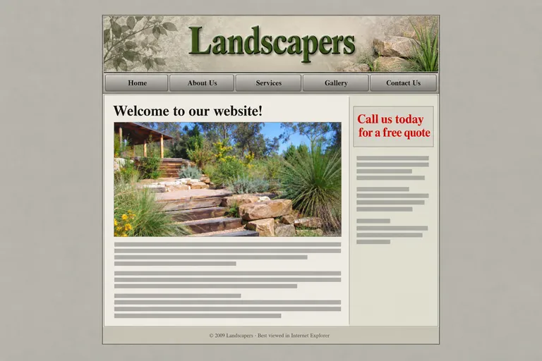 An outdated landscaping website: a cramped fixed-width layout with bevelled grey buttons and tiny text